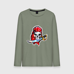 Лонгслив хлопковый мужской Череп с саблей в зубах, цвет: авокадо