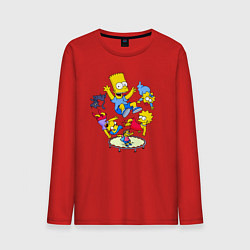Лонгслив хлопковый мужской Персонажи из мультфильма Симпсоны прыгают на батут, цвет: красный