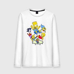 Лонгслив хлопковый мужской Персонажи из мультфильма Симпсоны прыгают на батут, цвет: белый