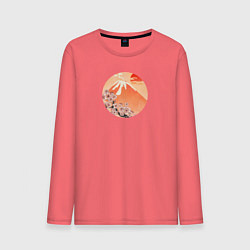Лонгслив хлопковый мужской Ветвь сакуры и вулкан, цвет: коралловый