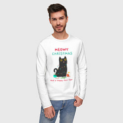 Лонгслив хлопковый мужской Meowy Christmas and a happy purr year, цвет: белый — фото 2