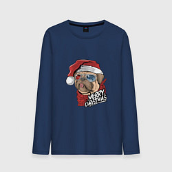 Лонгслив хлопковый мужской Pug merry christmas, цвет: тёмно-синий