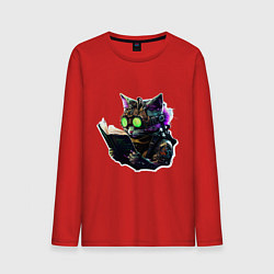 Лонгслив хлопковый мужской Киберпанк кот с книгой, цвет: красный