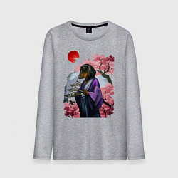 Мужской лонгслив Такса-Самурай весенняя на фоне сакуры