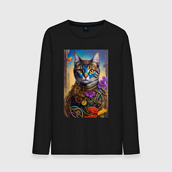 Лонгслив хлопковый мужской Кот в стиле стимпанк - нейросеть - искусство, цвет: черный