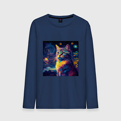 Лонгслив хлопковый мужской Котик Винсент ван Гог, цвет: тёмно-синий