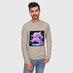 Лонгслив хлопковый мужской Розовые аниме кибер-дельфины, цвет: миндальный — фото 2