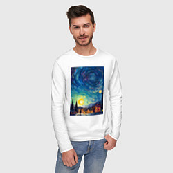 Лонгслив хлопковый мужской Ночной пейзаж в стиле Ван Гога, цвет: белый — фото 2