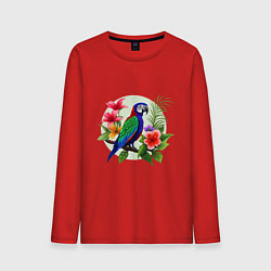Лонгслив хлопковый мужской Попугай среди цветов, цвет: красный