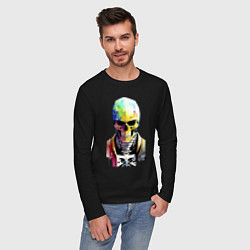 Лонгслив хлопковый мужской Skull - cyberpunk - watercolor, цвет: черный — фото 2