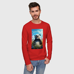 Лонгслив хлопковый мужской Довольная панда на природе, цвет: красный — фото 2