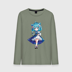 Мужской лонгслив Аниме девушка-кошка в синем платье с букетом цвето