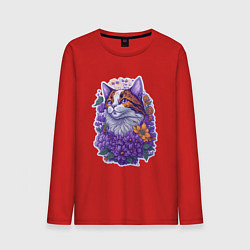 Лонгслив хлопковый мужской Рыжий котик и фиолетовые цветы, цвет: красный
