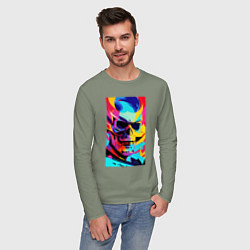 Лонгслив хлопковый мужской Cool skull - pop art, цвет: авокадо — фото 2