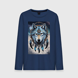 Лонгслив хлопковый мужской Шаман волк, цвет: тёмно-синий