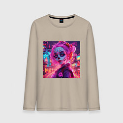 Лонгслив хлопковый мужской Девушка в макияже ко дню мёртвых, цвет: миндальный