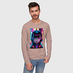 Лонгслив хлопковый мужской Девушка киберпанк с черными волосами, цвет: пыльно-розовый — фото 2