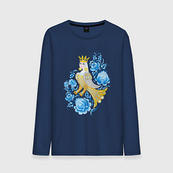 Лонгслив хлопковый мужской Птица Сирин в цветах по мотивам гжельской росписи, цвет: тёмно-синий