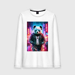 Лонгслив хлопковый мужской Панда в ночном Пекине - киберпанк - нейросеть, цвет: белый