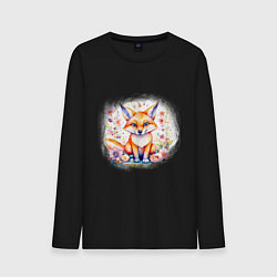 Мужской лонгслив Милый большеухий лисенок сидит в цветах