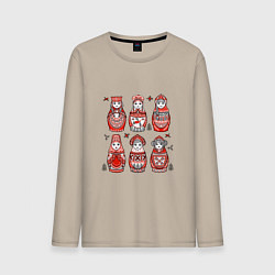 Лонгслив хлопковый мужской Шесть матрешек в стиле мезенской росписи, цвет: миндальный