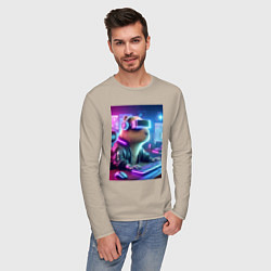 Лонгслив хлопковый мужской Капибара игроман - неоновое свечение, цвет: миндальный — фото 2