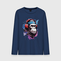Лонгслив хлопковый мужской Шимпанзе в наушниках, цвет: тёмно-синий