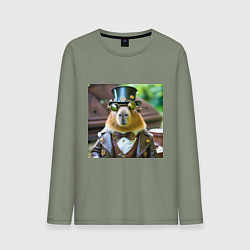 Мужской лонгслив Мем капибара в стиле стимпанк в очках и шляпе