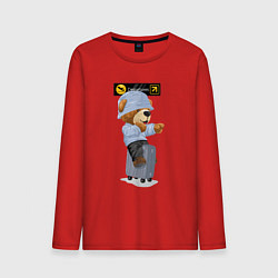 Лонгслив хлопковый мужской Плюшевый медведь на чемодане, цвет: красный