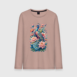 Лонгслив хлопковый мужской Павлин среди цветов, цвет: пыльно-розовый