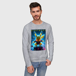 Лонгслив хлопковый мужской Cyber Pikachu - neon glow ai art, цвет: меланж — фото 2