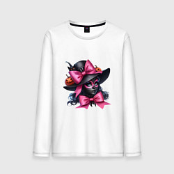 Мужской лонгслив Девушка в гриме кошки и в черной шляпе и с розовым