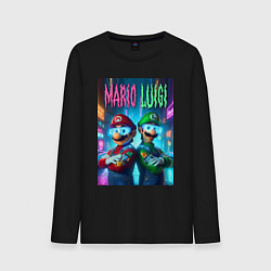 Мужской лонгслив Марио и Луиджи в неоновом городе - нейроарт
