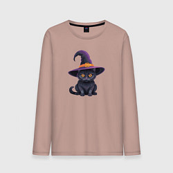 Лонгслив хлопковый мужской Черный кот в шляпе, цвет: пыльно-розовый