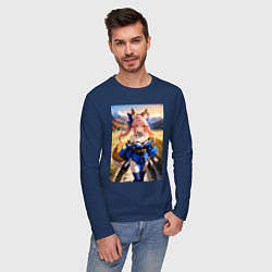 Лонгслив хлопковый мужской Лиса посреди живописного поля, цвет: тёмно-синий — фото 2
