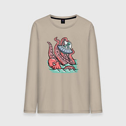 Лонгслив хлопковый мужской Осьминог и НЛО, цвет: миндальный