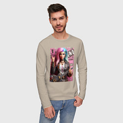 Лонгслив хлопковый мужской Barbie - punk guitarist ai art, цвет: миндальный — фото 2