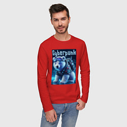 Лонгслив хлопковый мужской Белый медвежонок в стиле киберпанк, цвет: красный — фото 2
