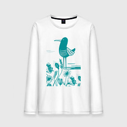 Лонгслив хлопковый мужской Птичка и цветы в голубом, цвет: белый