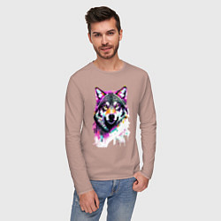 Лонгслив хлопковый мужской Волчья морда - нейроарт, цвет: пыльно-розовый — фото 2