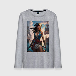 Лонгслив хлопковый мужской Пиратка на фона флотилии кораблей, цвет: меланж
