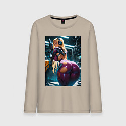 Лонгслив хлопковый мужской Девушка с оружием в киберпанк стиле, цвет: миндальный