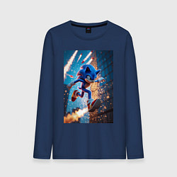 Лонгслив хлопковый мужской Соник убегает от летящих ракет, цвет: тёмно-синий