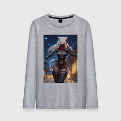 Лонгслив хлопковый мужской Кошка-ниндзя с ножами бежит в ночи, цвет: меланж