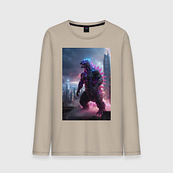 Лонгслив хлопковый мужской Годзилла посреди мегаполиса, цвет: миндальный