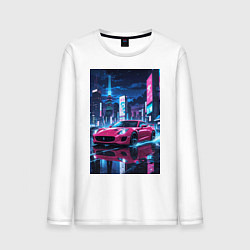 Лонгслив хлопковый мужской Вишневый спорткар по мокрой дороге, цвет: белый