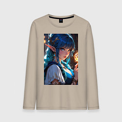 Лонгслив хлопковый мужской Прекрасная эльфийка-маг с шаром огня, цвет: миндальный
