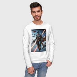 Лонгслив хлопковый мужской Девушка-мандалорец в космосе, цвет: белый — фото 2