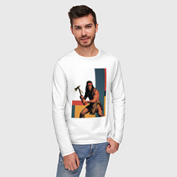 Лонгслив хлопковый мужской Индеец с томагавком поп-арт, цвет: белый — фото 2