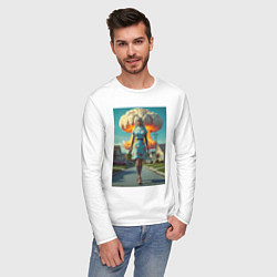 Лонгслив хлопковый мужской Девушка в костюме монашки уходит от взрыва, цвет: белый — фото 2